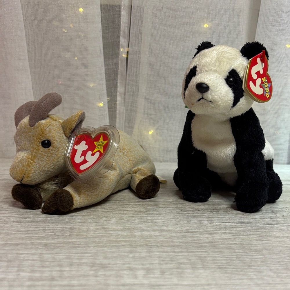 Ty Plush Panda and Goat Duo - Black, White, Tan